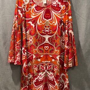 1022/ MSK Retro Paisley Dress, Bell Sleeve, Red & White Jersey, Size M, Ex Cond.